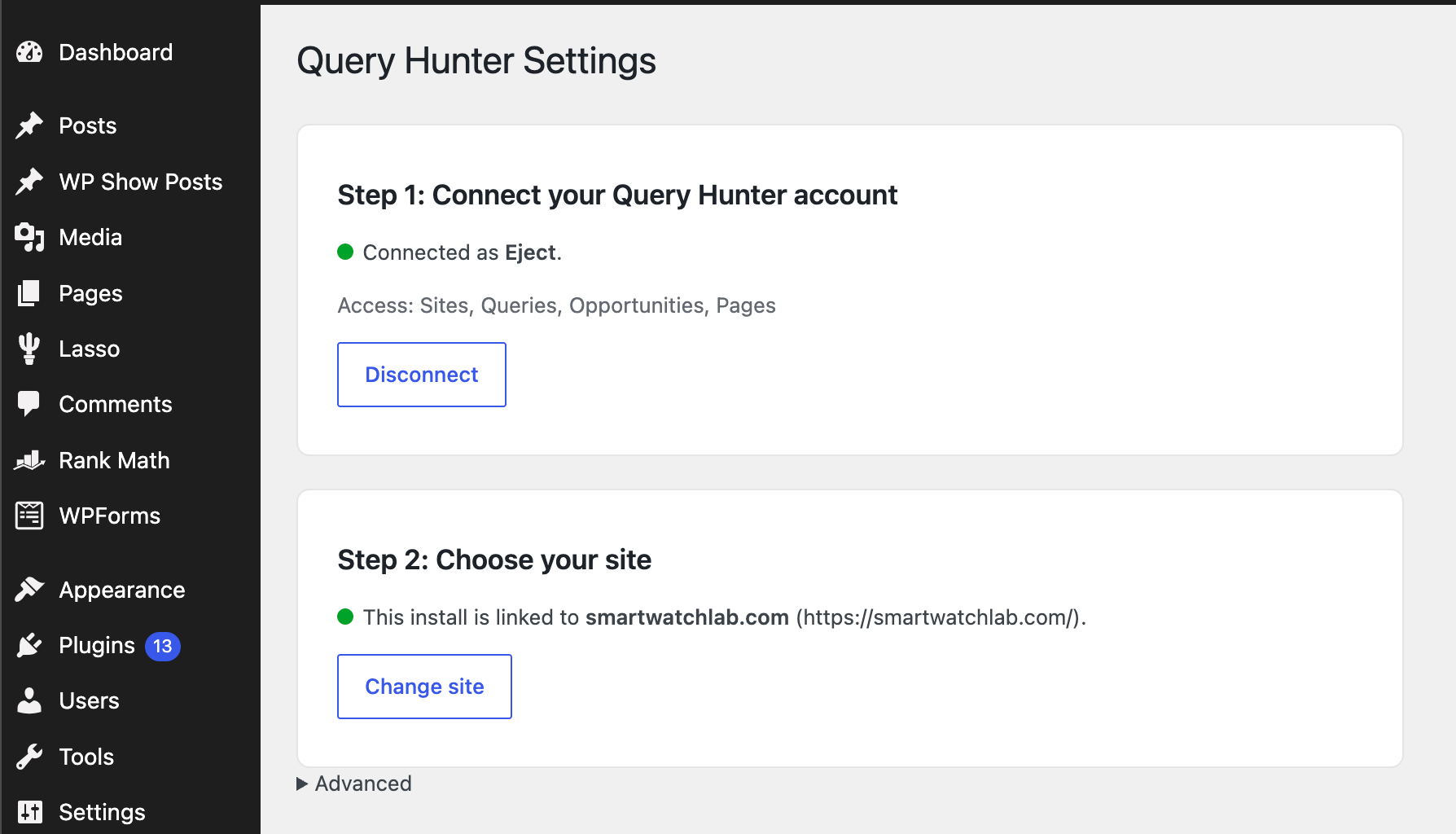 QueryHunter WordPress plugin site connection screen 