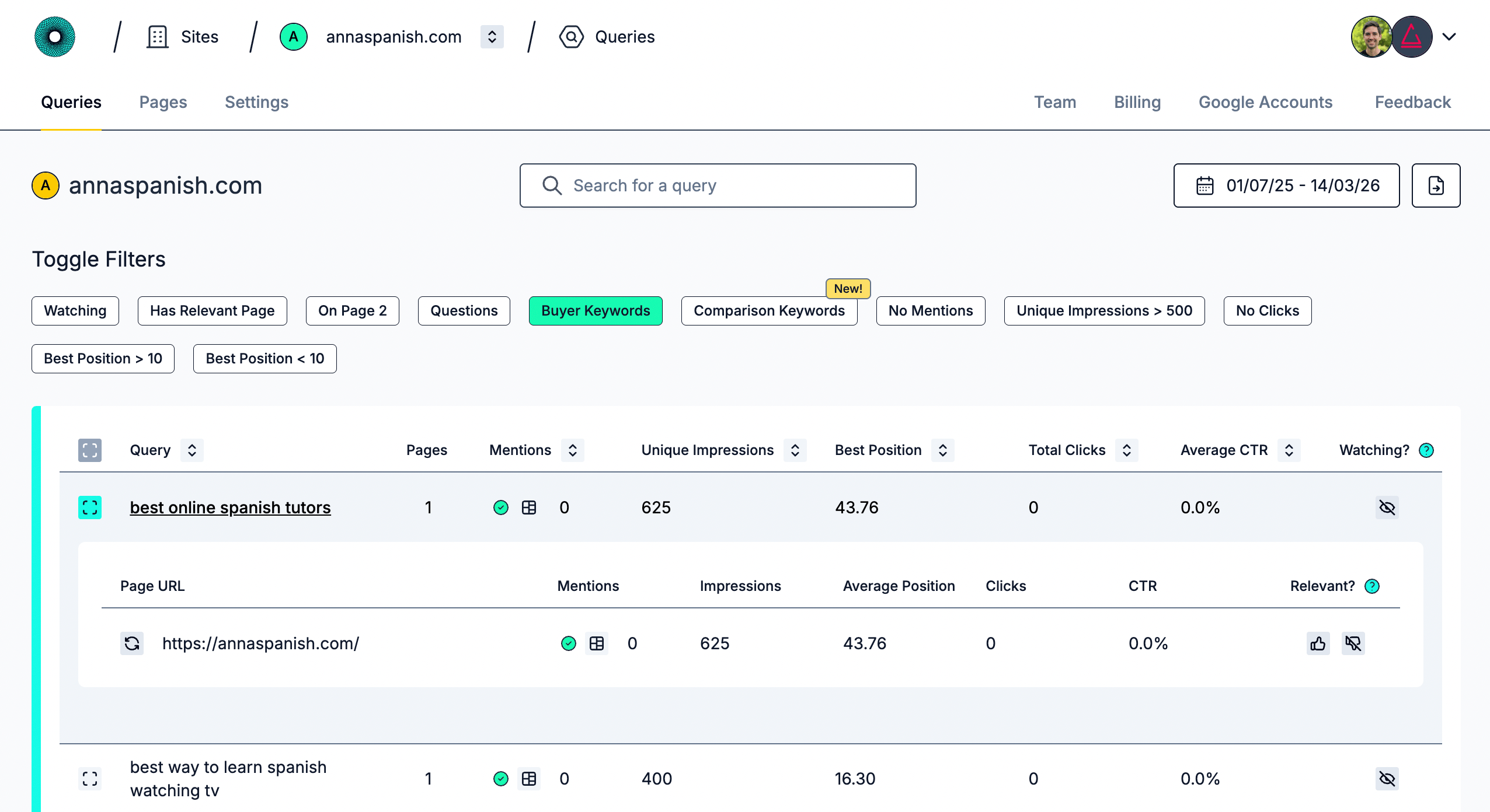 Use easy filters to check which queries you aren't serving